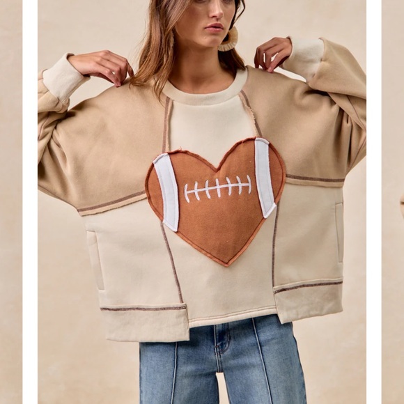 B565–BiBi Beige Heart Football Sweatshirt - Picture 3 of 6